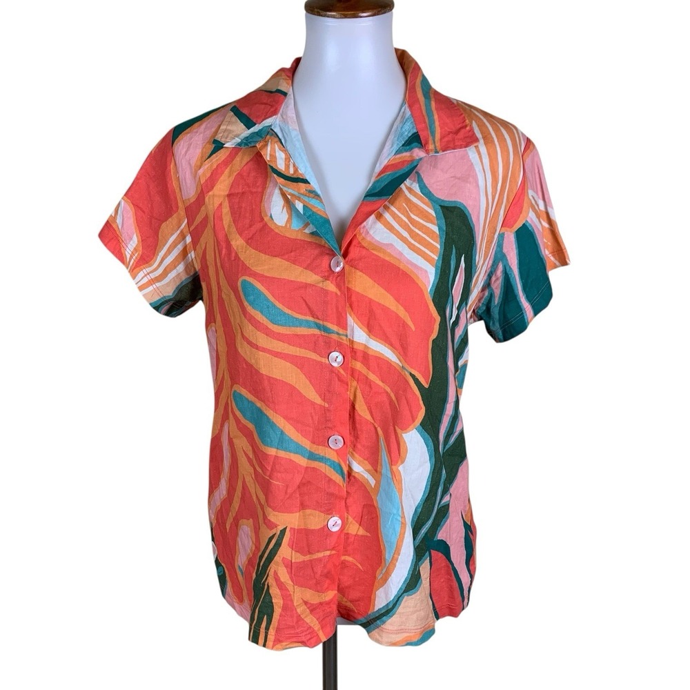 Vitamin A XS Linen Blend Tropical Print Button Front Resort Beachy Blouse Top